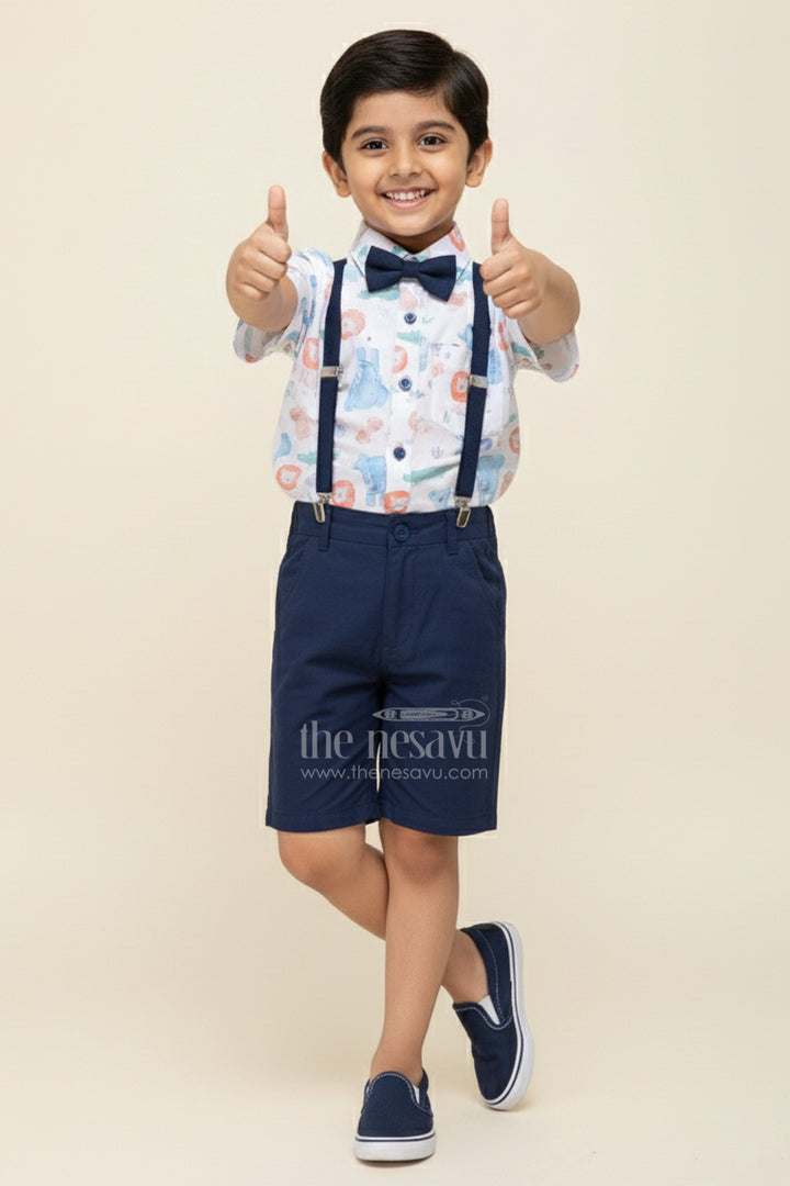 Infant Navy Blue Dress Set for Boys with Animal Printed Cotton Shirt and Coordinated Shorts