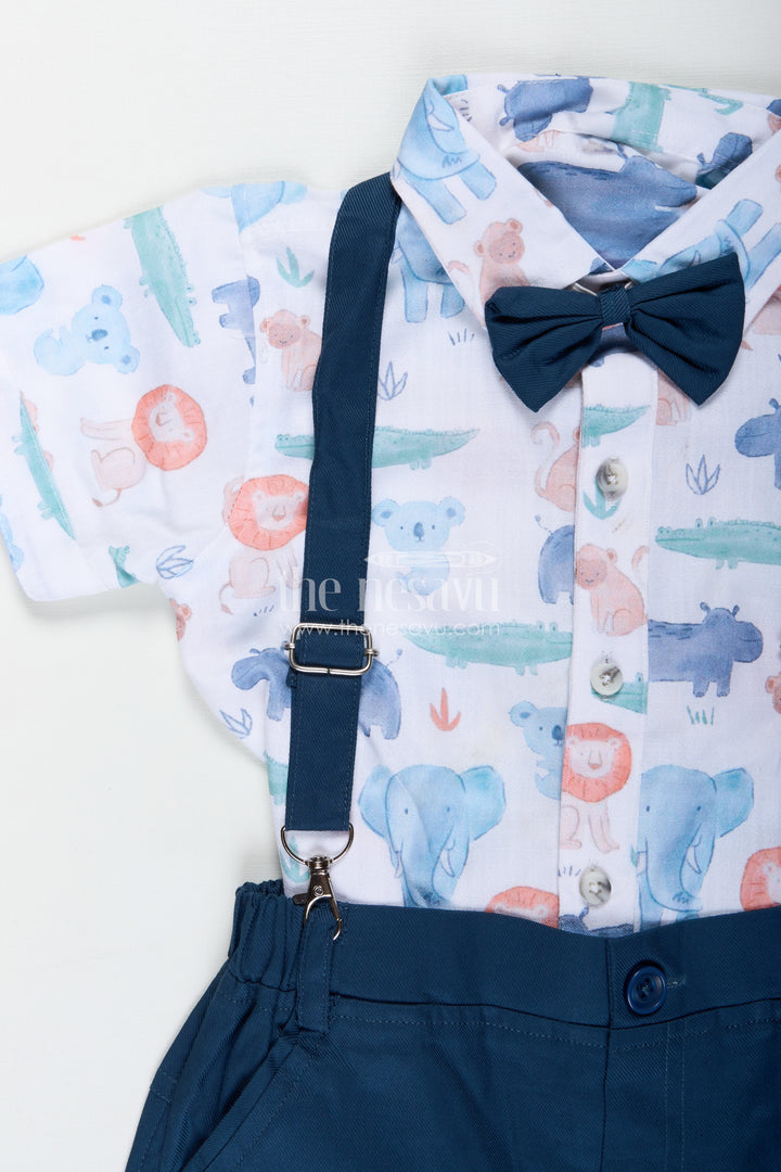 Infant Navy Blue Dress Set for Boys with Animal Printed Cotton Shirt and Coordinated Shorts