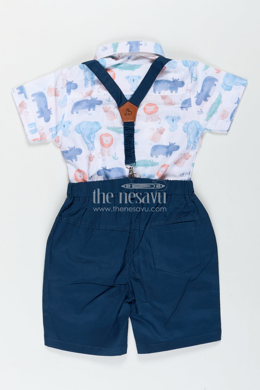 Infant Navy Blue Dress Set for Boys with Animal Printed Cotton Shirt and Coordinated Shorts