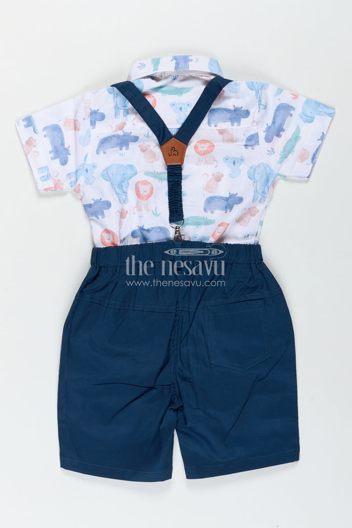 Infant Navy Blue Dress Set for Boys with Animal Printed Cotton Shirt and Coordinated Shorts