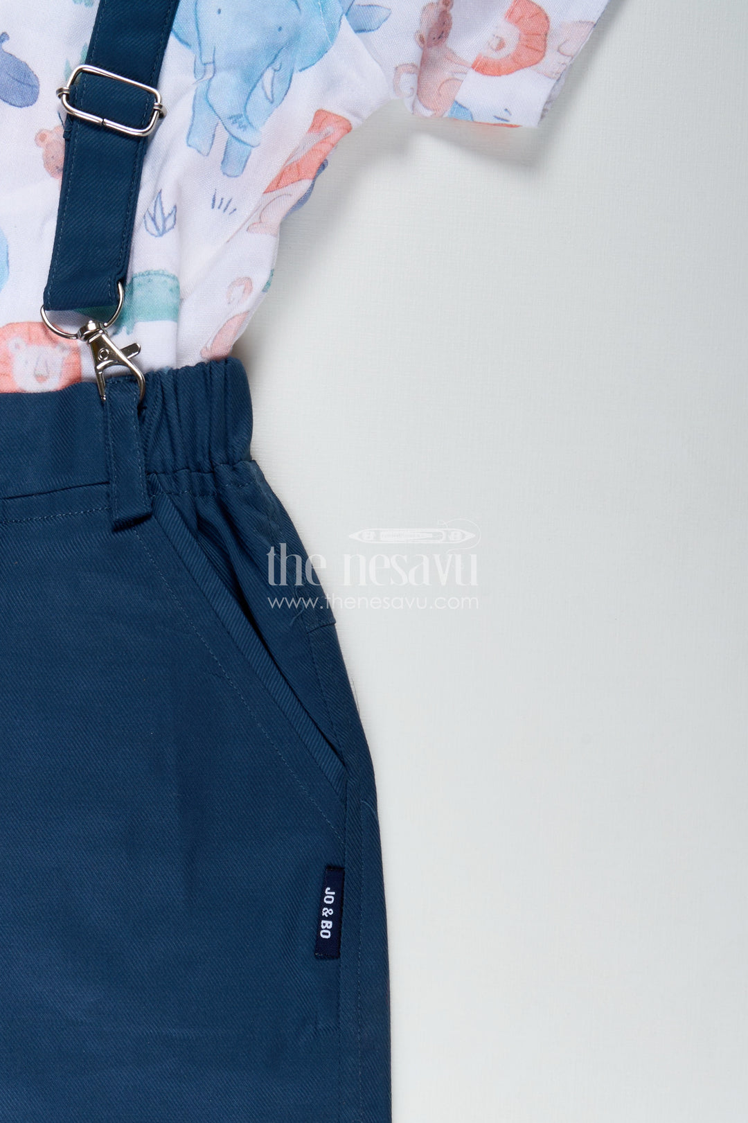 Infant Navy Blue Dress Set for Boys with Animal Printed Cotton Shirt and Coordinated Shorts