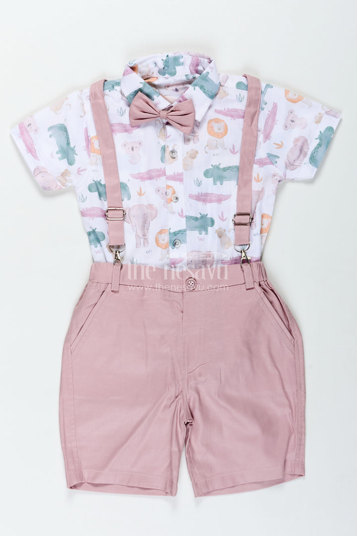 Newborn Cloth Set for Boys in Cotton with Animal Digital Print Shirt and Dusty Pink Shorts with Suspenders