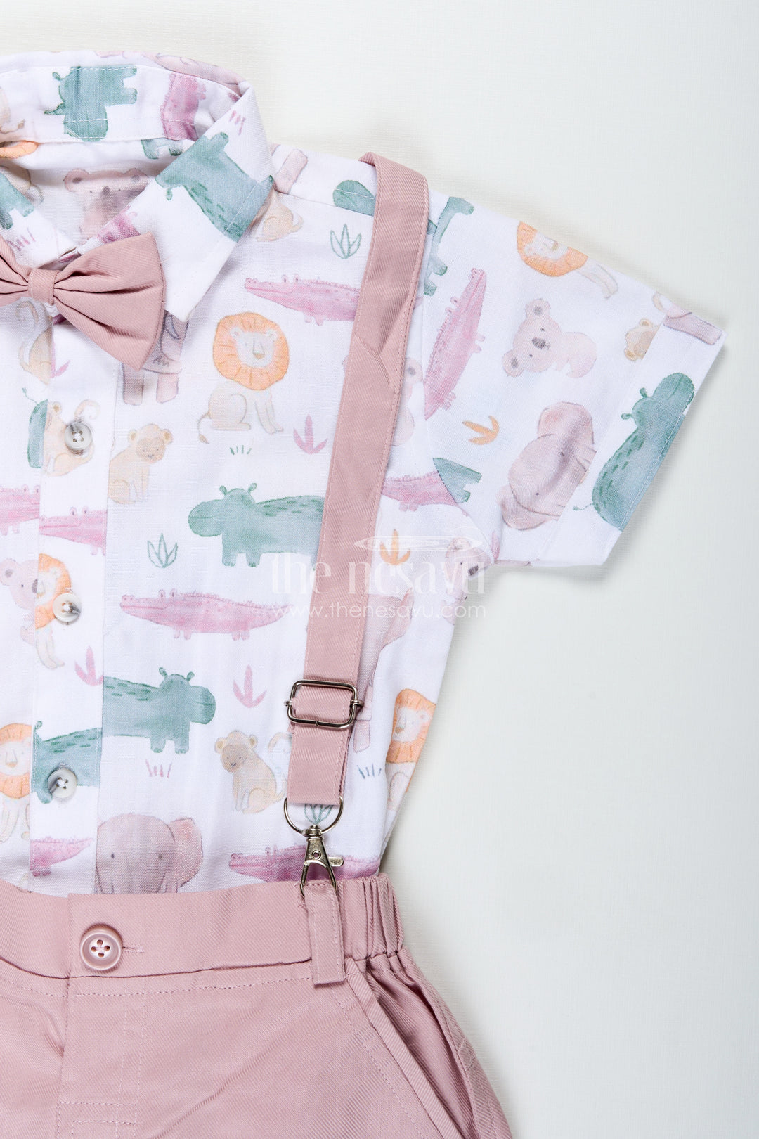 Newborn Cloth Set for Boys in Cotton with Animal Digital Print Shirt and Dusty Pink Shorts with Suspenders