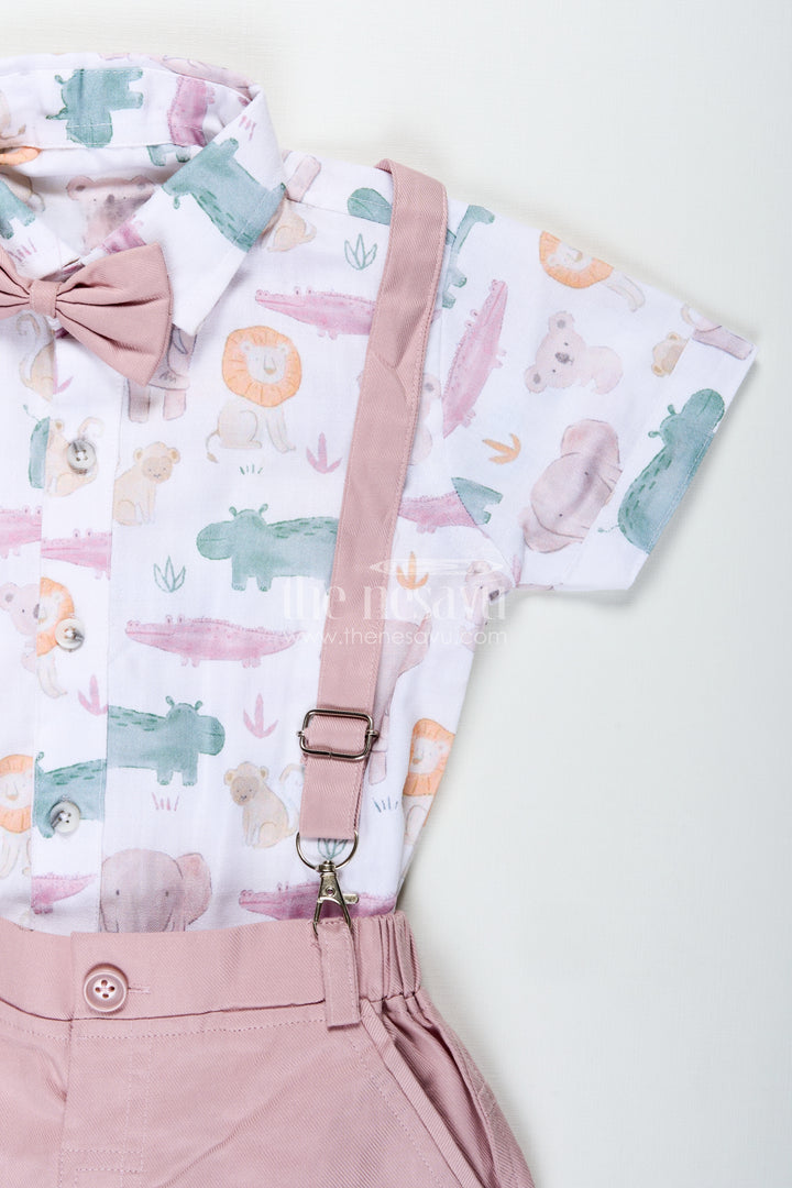 Newborn Cloth Set for Boys in Cotton with Animal Digital Print Shirt and Dusty Pink Shorts with Suspenders