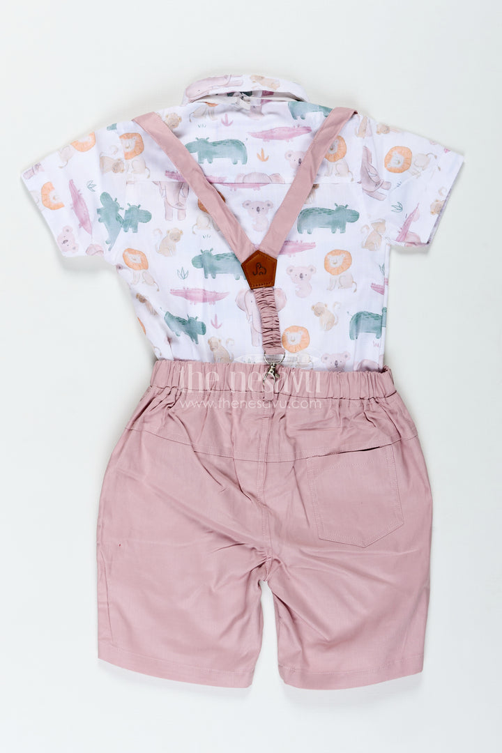 Newborn Cloth Set for Boys in Cotton with Animal Digital Print Shirt and Dusty Pink Shorts with Suspenders