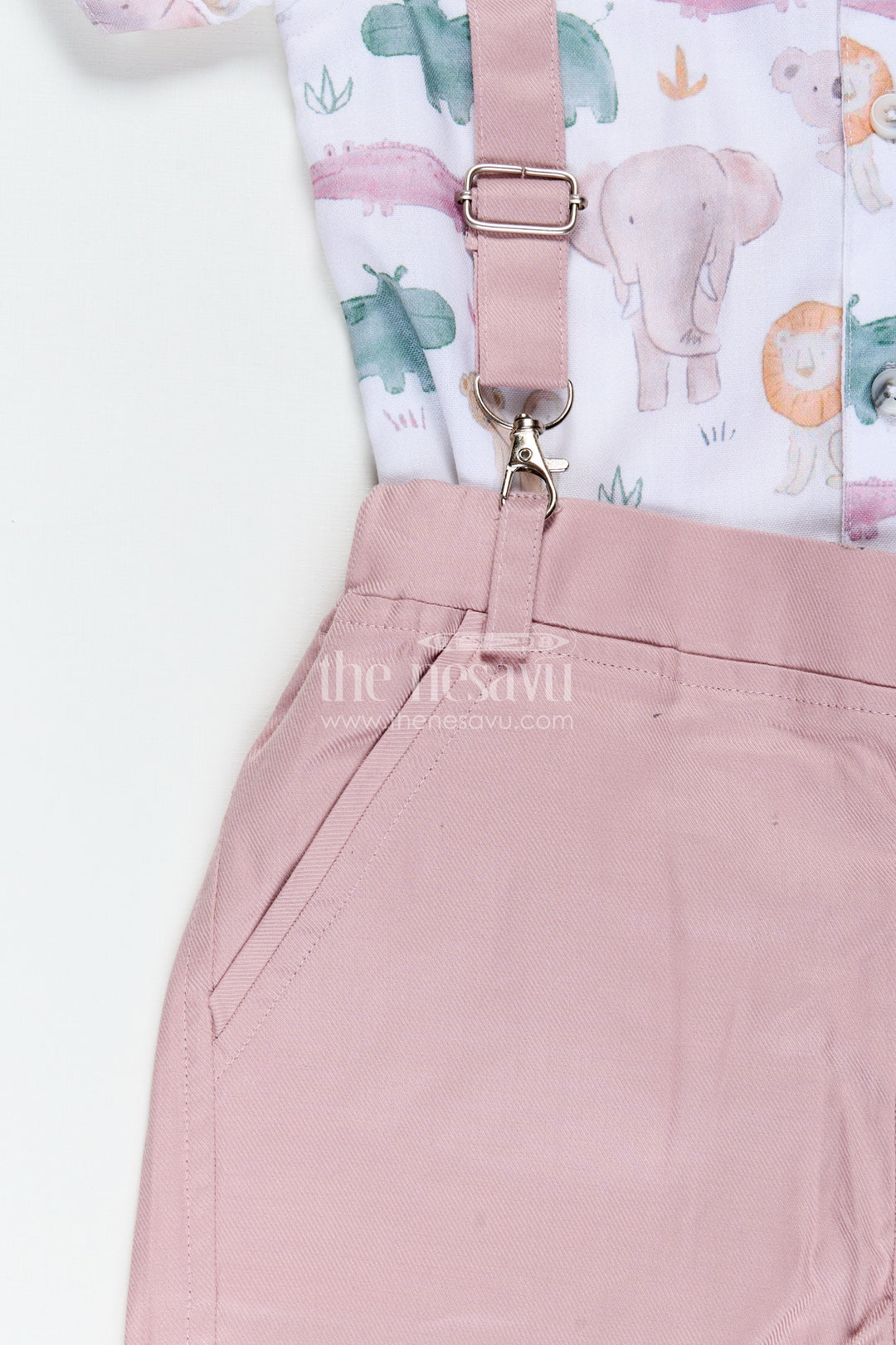 Newborn Cloth Set for Boys in Cotton with Animal Digital Print Shirt and Dusty Pink Shorts with Suspenders