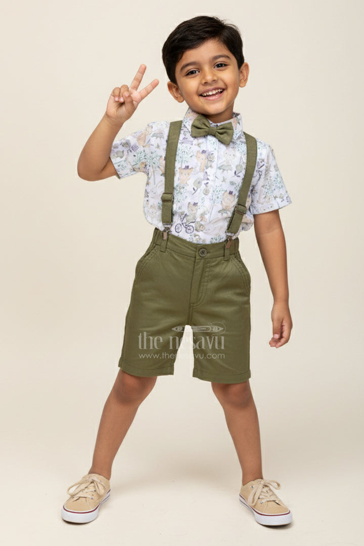 Green Shirt and Shorts Set for Boys in Cotton with Nature-Themed Animal Print and Olive Green Bottoms