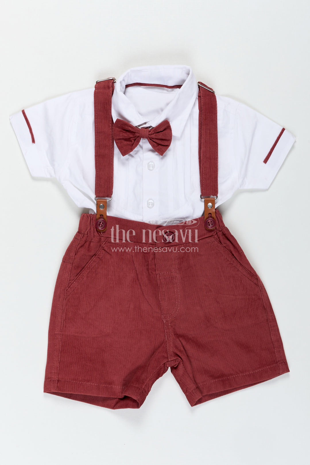 Red Shirt and Shorts Set for Boys with Corduroy Bottoms and Cotton Shirt Featuring Pleated Front and Bow Tie