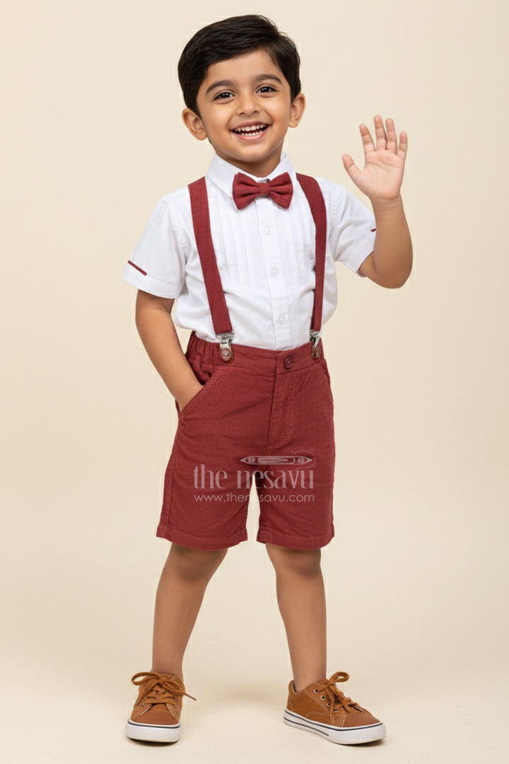Red Shirt and Shorts Set for Boys with Corduroy Bottoms and Cotton Shirt Featuring Pleated Front and Bow Tie