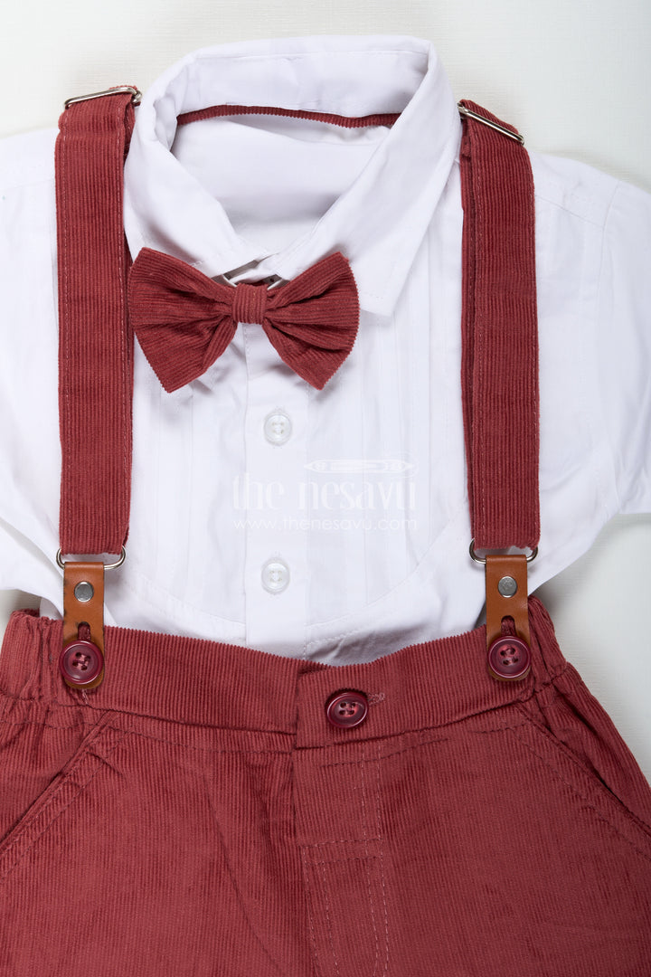 Red Shirt and Shorts Set for Boys with Corduroy Bottoms and Cotton Shirt Featuring Pleated Front and Bow Tie