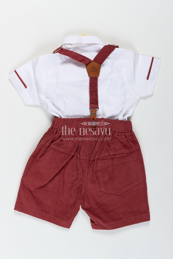 Red Shirt and Shorts Set for Boys with Corduroy Bottoms and Cotton Shirt Featuring Pleated Front and Bow Tie