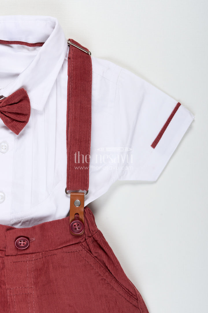 Red Shirt and Shorts Set for Boys with Corduroy Bottoms and Cotton Shirt Featuring Pleated Front and Bow Tie