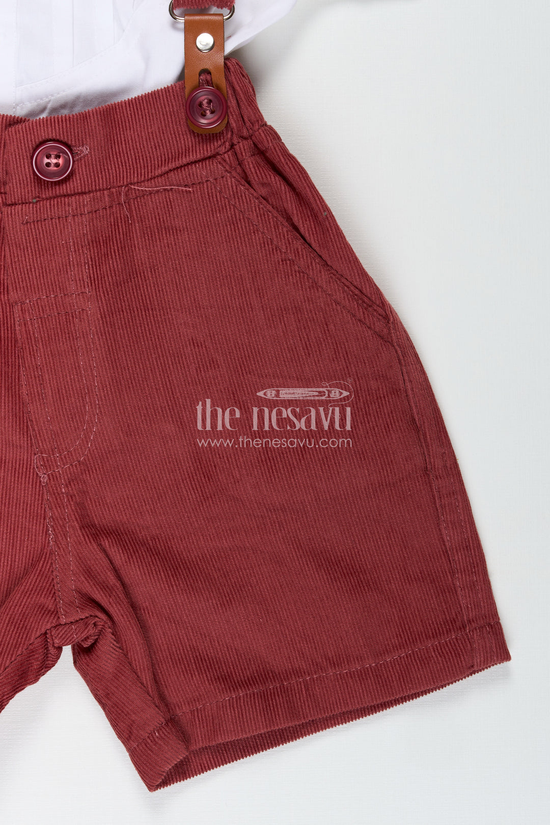 Red Shirt and Shorts Set for Boys with Corduroy Bottoms and Cotton Shirt Featuring Pleated Front and Bow Tie