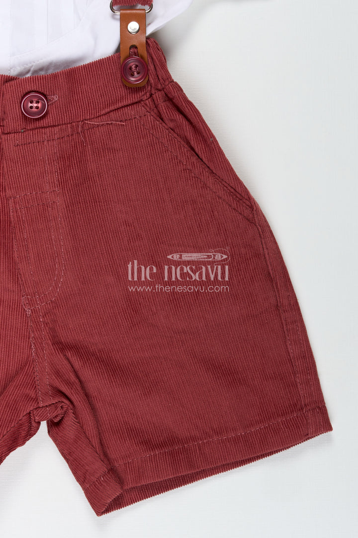 Red Shirt and Shorts Set for Boys with Corduroy Bottoms and Cotton Shirt Featuring Pleated Front and Bow Tie