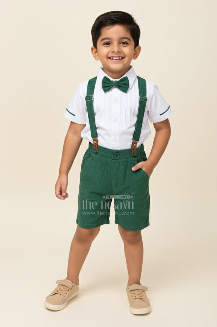 Shirt and Bow Tie Sets for Boys in White Cotton with Green Corduroy Shorts and Suspenders