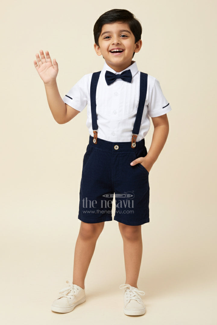 Blue Short Set for Boys with Pleated Cotton Shirt and Navy Corduroy Shorts with Matching Suspenders
