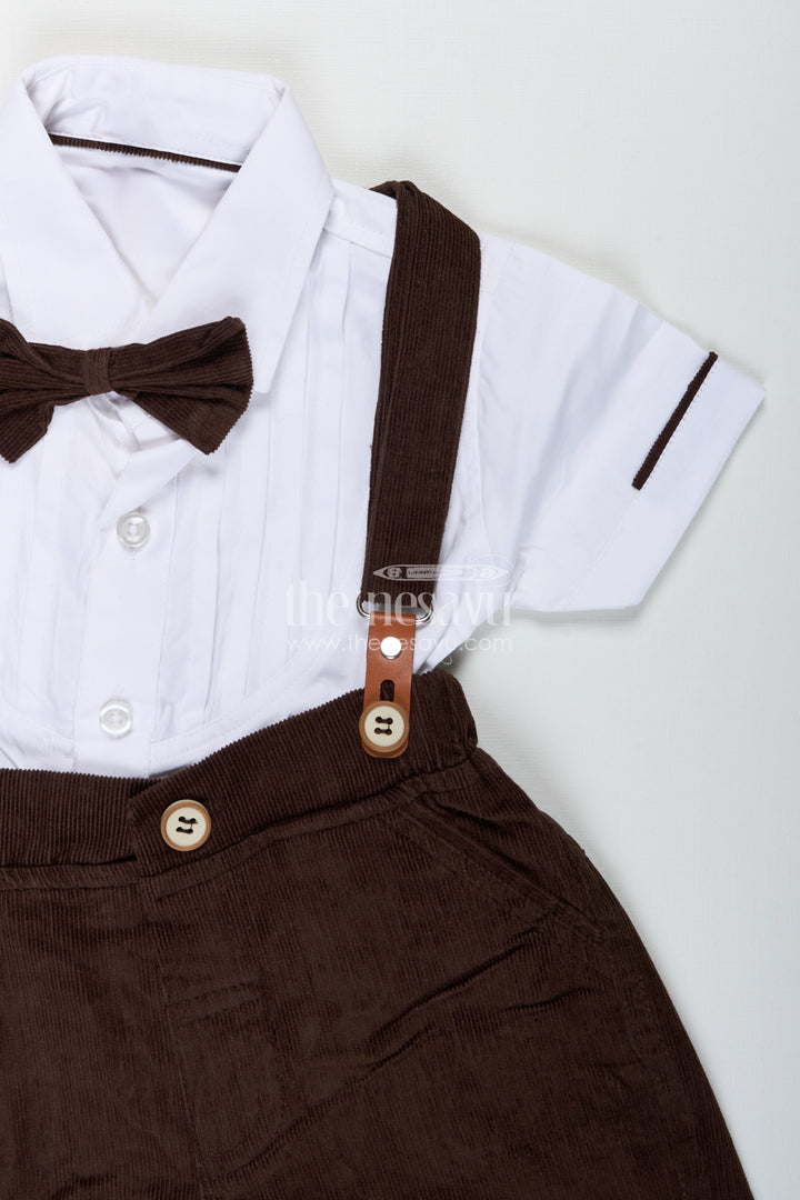 Kids Birthday Outfit Boy with White Pleated Shirt and Brown Corduroy Shorts with Black Bow Tie