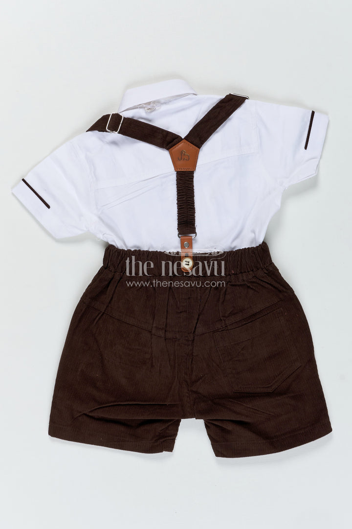 Kids Birthday Outfit Boy with White Pleated Shirt and Brown Corduroy Shorts with Black Bow Tie