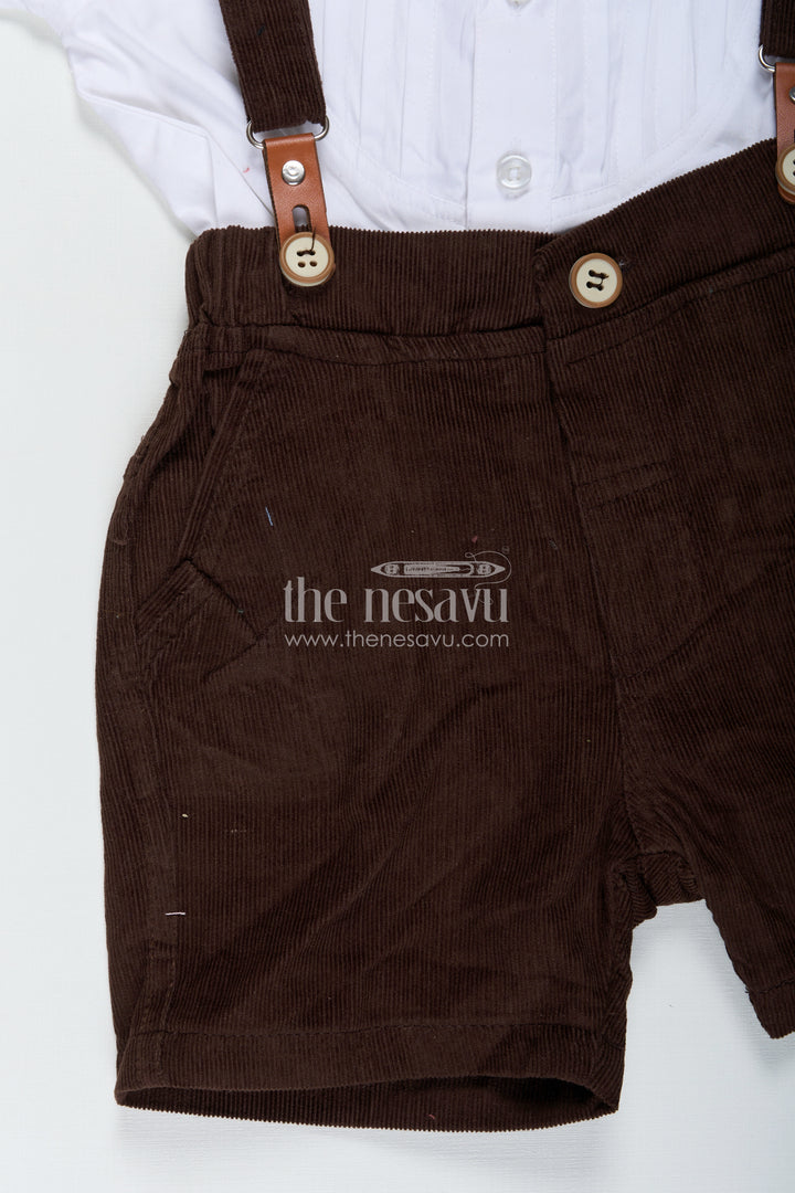 Kids Birthday Outfit Boy with White Pleated Shirt and Brown Corduroy Shorts with Black Bow Tie