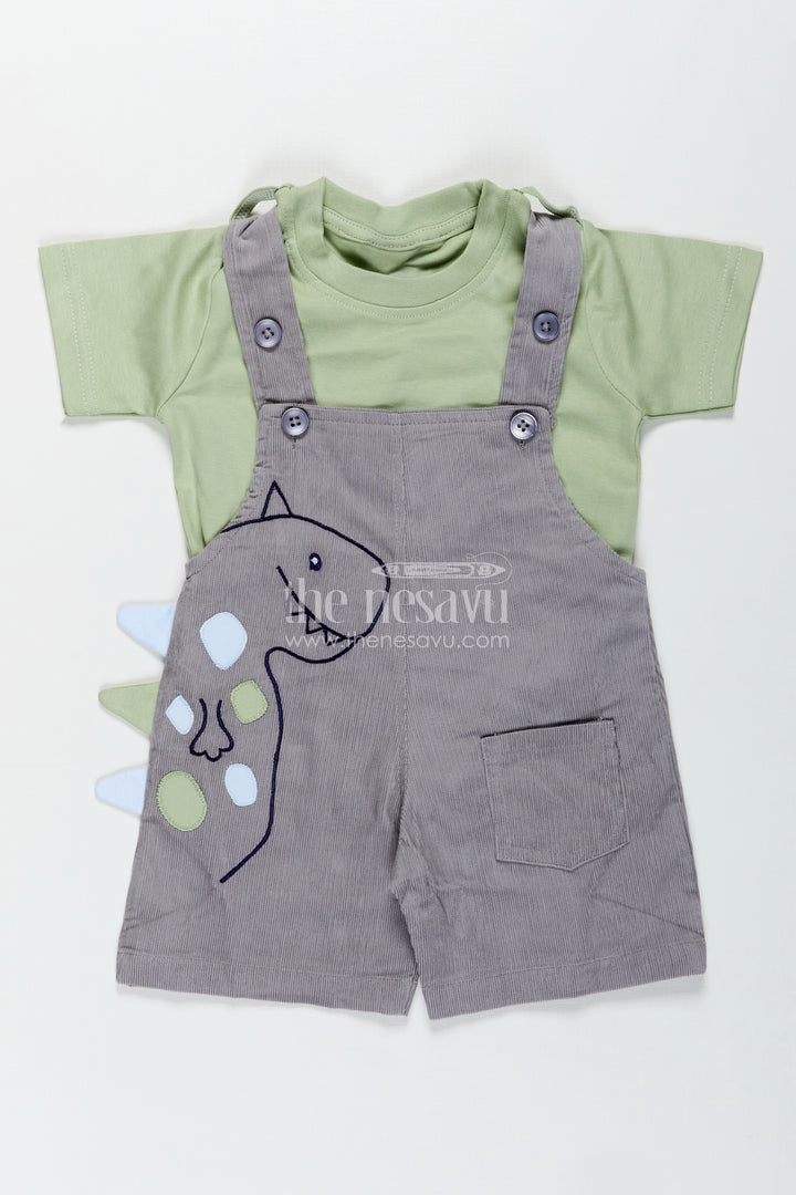 Playtime Outfit for Boys with Dinosaur Appliqué Overalls in Grey Corduroy and Green Cotton Tee