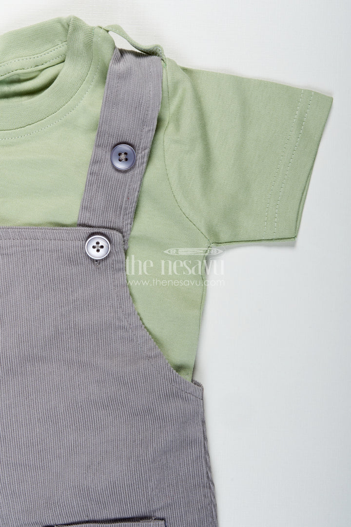 Playtime Outfit for Boys with Dinosaur Appliqué Overalls in Grey Corduroy and Green Cotton Tee