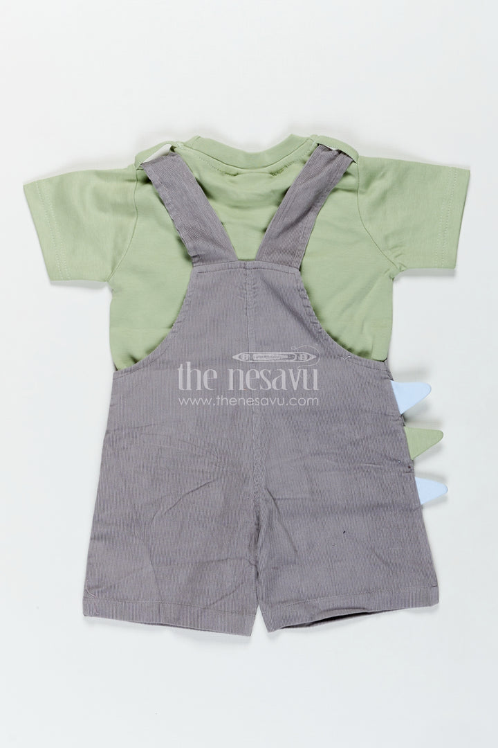 Playtime Outfit for Boys with Dinosaur Appliqué Overalls in Grey Corduroy and Green Cotton Tee