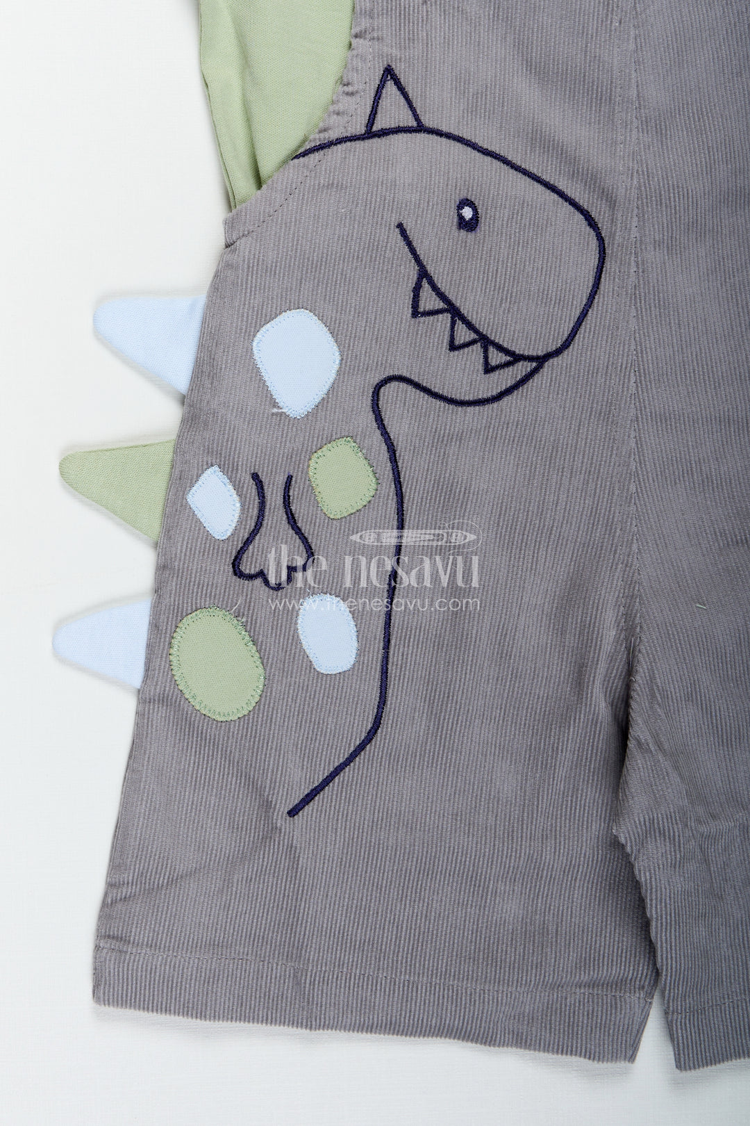 Playtime Outfit for Boys with Dinosaur Appliqué Overalls in Grey Corduroy and Green Cotton Tee
