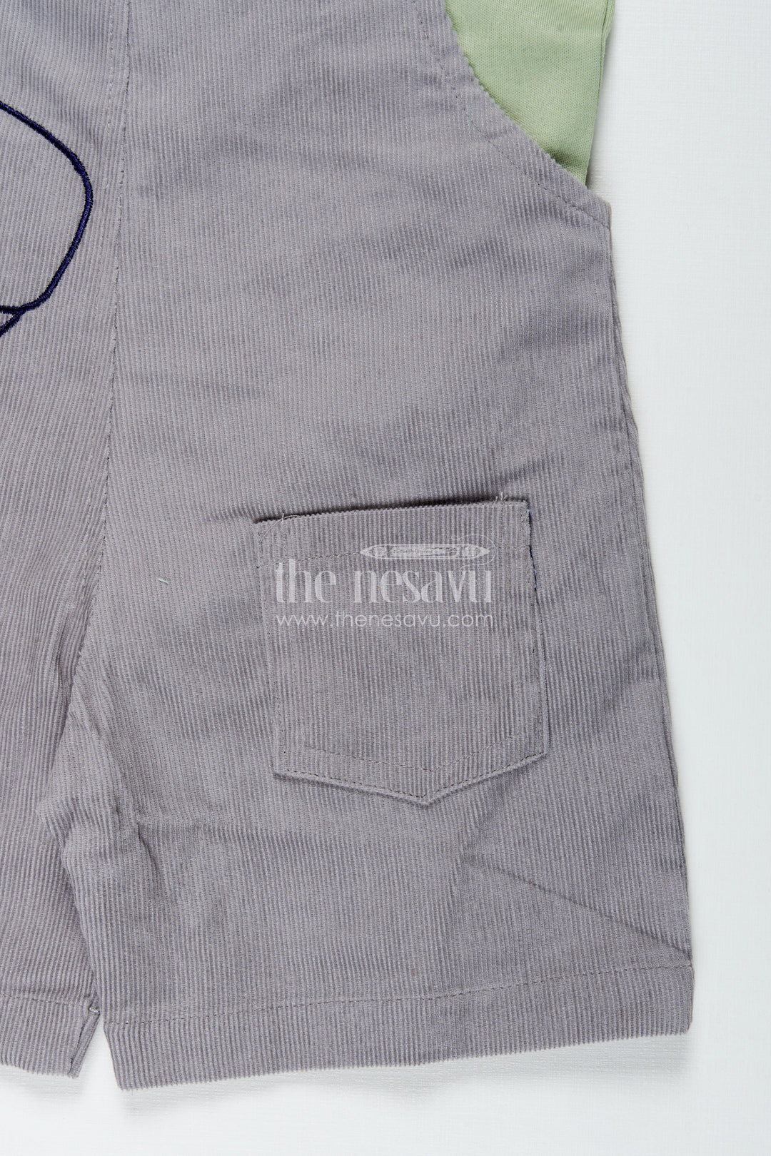 Playtime Outfit for Boys with Dinosaur Appliqué Overalls in Grey Corduroy and Green Cotton Tee
