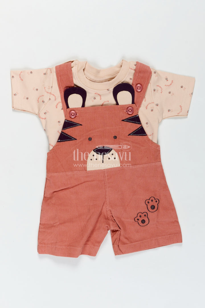 Baby Boy Dungaree Set with Animal Face Embroidery and Printed Beige Tee in Soft Corduroy Finish