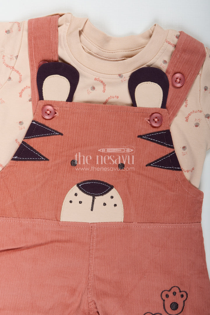 Baby Boy Dungaree Set with Animal Face Embroidery and Printed Beige Tee in Soft Corduroy Finish