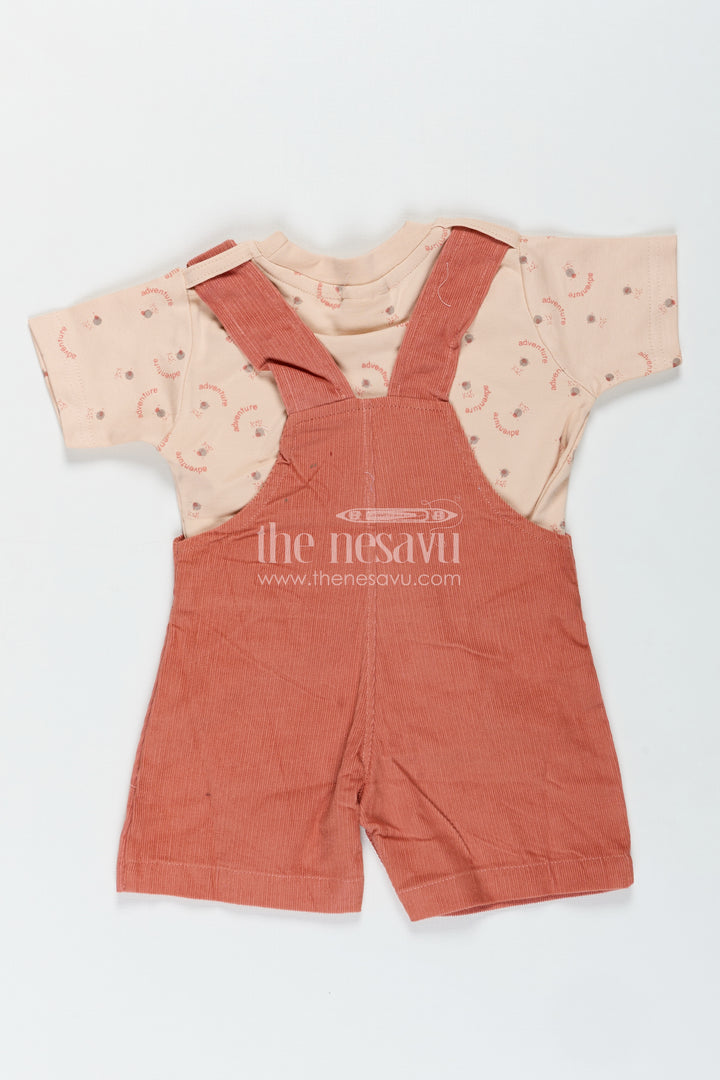 Baby Boy Dungaree Set with Animal Face Embroidery and Printed Beige Tee in Soft Corduroy Finish