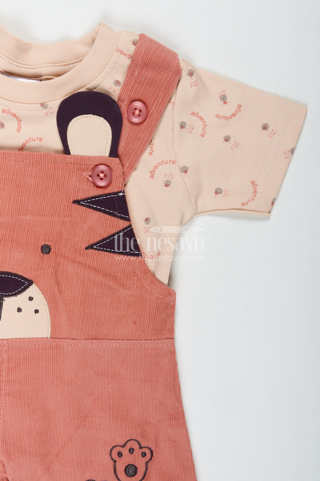 Baby Boy Dungaree Set with Animal Face Embroidery and Printed Beige Tee in Soft Corduroy Finish