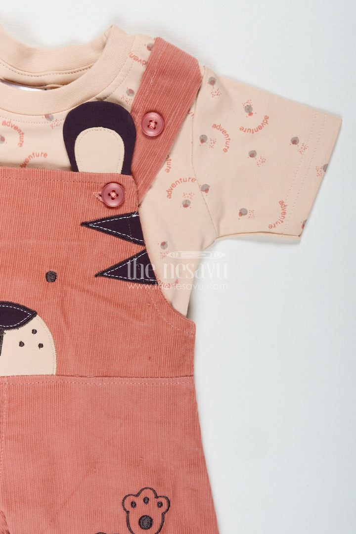 Baby Boy Dungaree Set with Animal Face Embroidery and Printed Beige Tee in Soft Corduroy Finish
