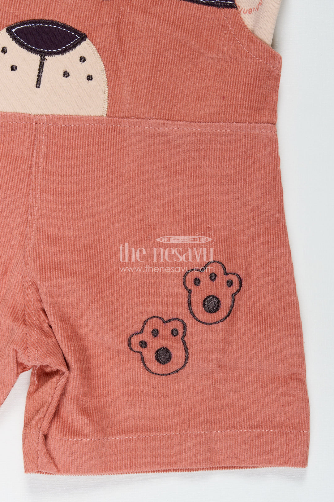 Baby Boy Dungaree Set with Animal Face Embroidery and Printed Beige Tee in Soft Corduroy Finish