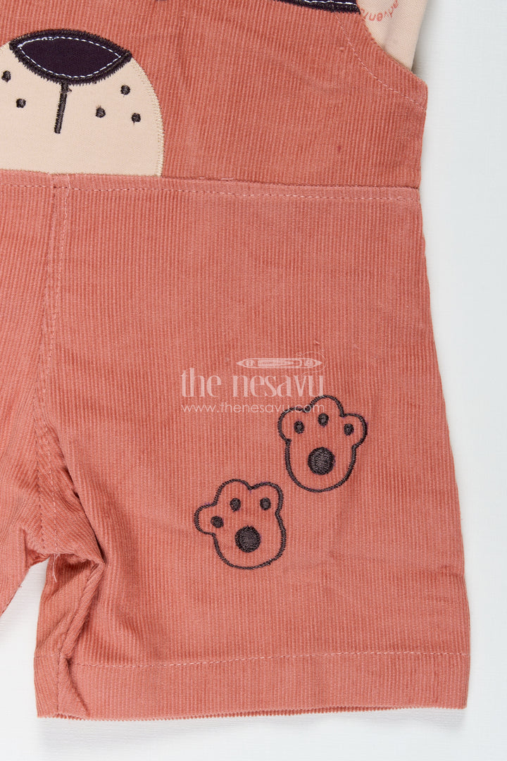 Baby Boy Dungaree Set with Animal Face Embroidery and Printed Beige Tee in Soft Corduroy Finish
