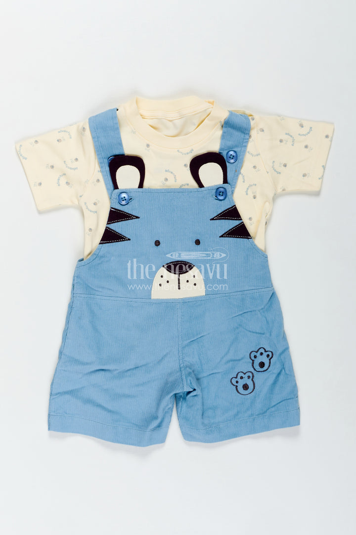 Blue Dungaree for Baby Boys with Animal Face Embroidery and Light Yellow Adventure Tee