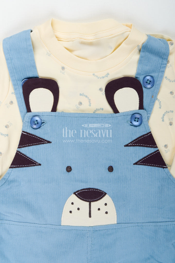 Blue Dungaree for Baby Boys with Animal Face Embroidery and Light Yellow Adventure Tee