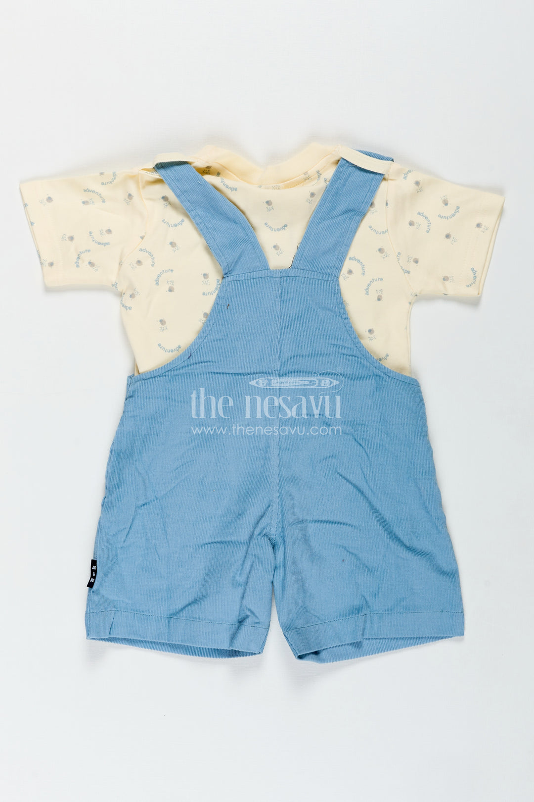 Blue Dungaree for Baby Boys with Animal Face Embroidery and Light Yellow Adventure Tee