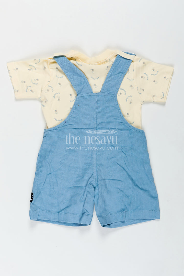 Blue Dungaree for Baby Boys with Animal Face Embroidery and Light Yellow Adventure Tee