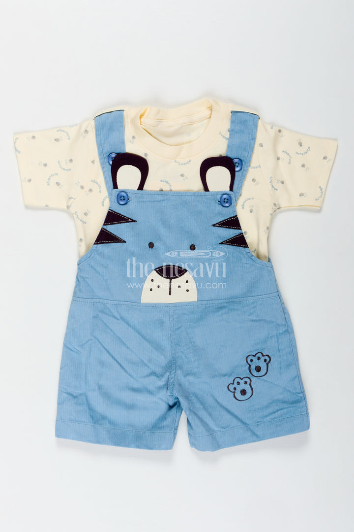 Blue Dungaree for Baby Boys with Animal Face Embroidery and Light Yellow Adventure Tee