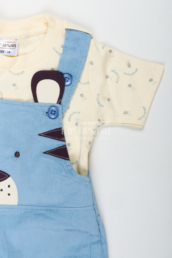 Blue Dungaree for Baby Boys with Animal Face Embroidery and Light Yellow Adventure Tee