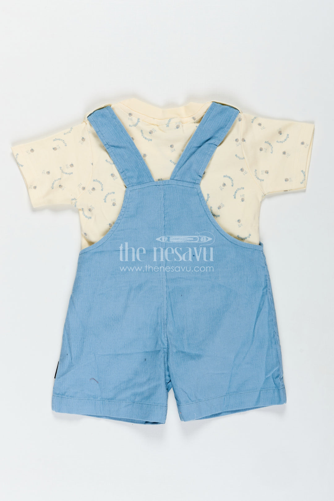 Blue Dungaree for Baby Boys with Animal Face Embroidery and Light Yellow Adventure Tee