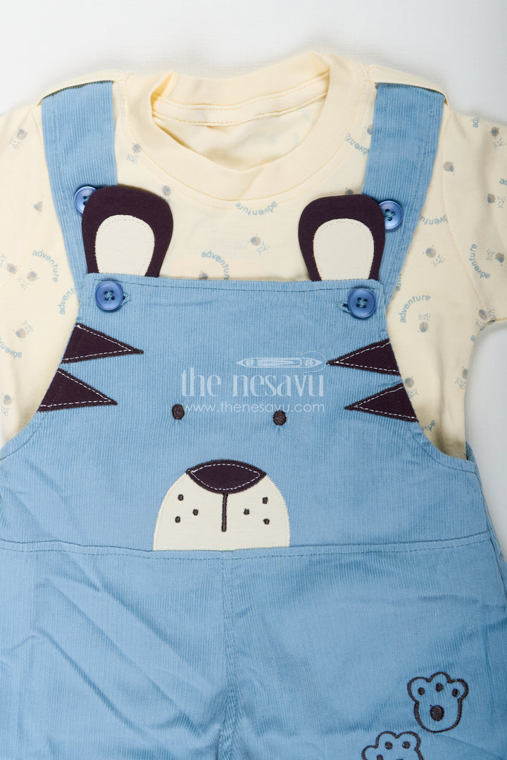 Blue Dungaree for Baby Boys with Animal Face Embroidery and Light Yellow Adventure Tee