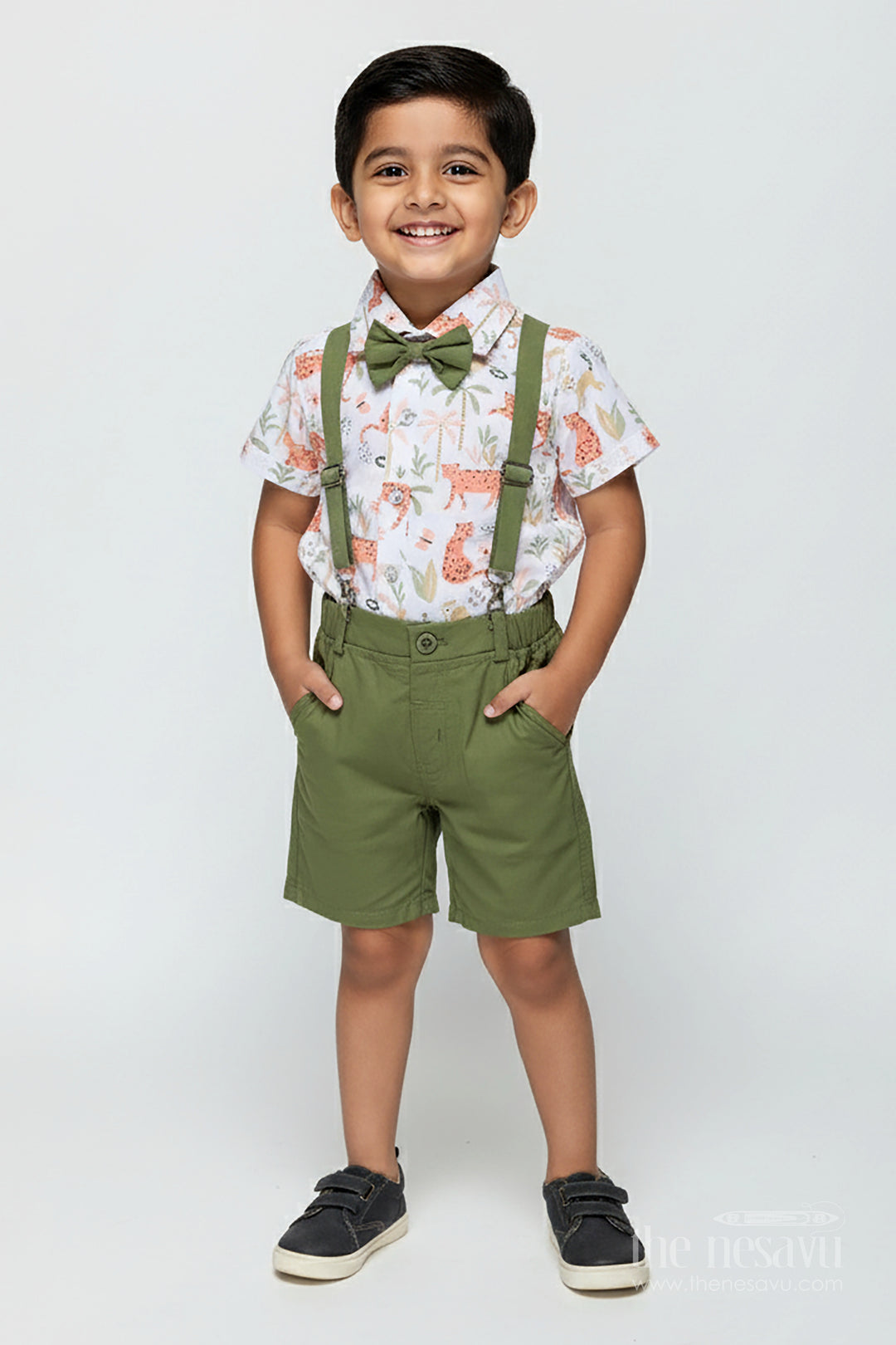 Animal Print Baby Boy Shirt with Olive Green Shorts and Matching Bow Tie for Smart Daywear