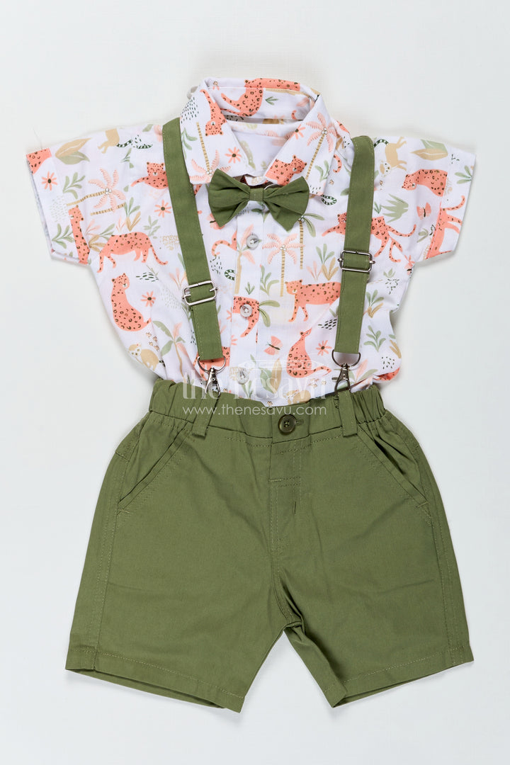 Animal Print Baby Boy Shirt with Olive Green Shorts and Matching Bow Tie for Smart Daywear