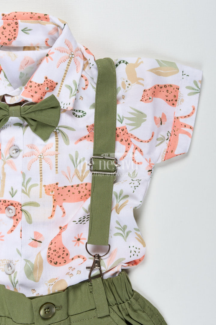 Animal Print Baby Boy Shirt with Olive Green Shorts and Matching Bow Tie for Smart Daywear