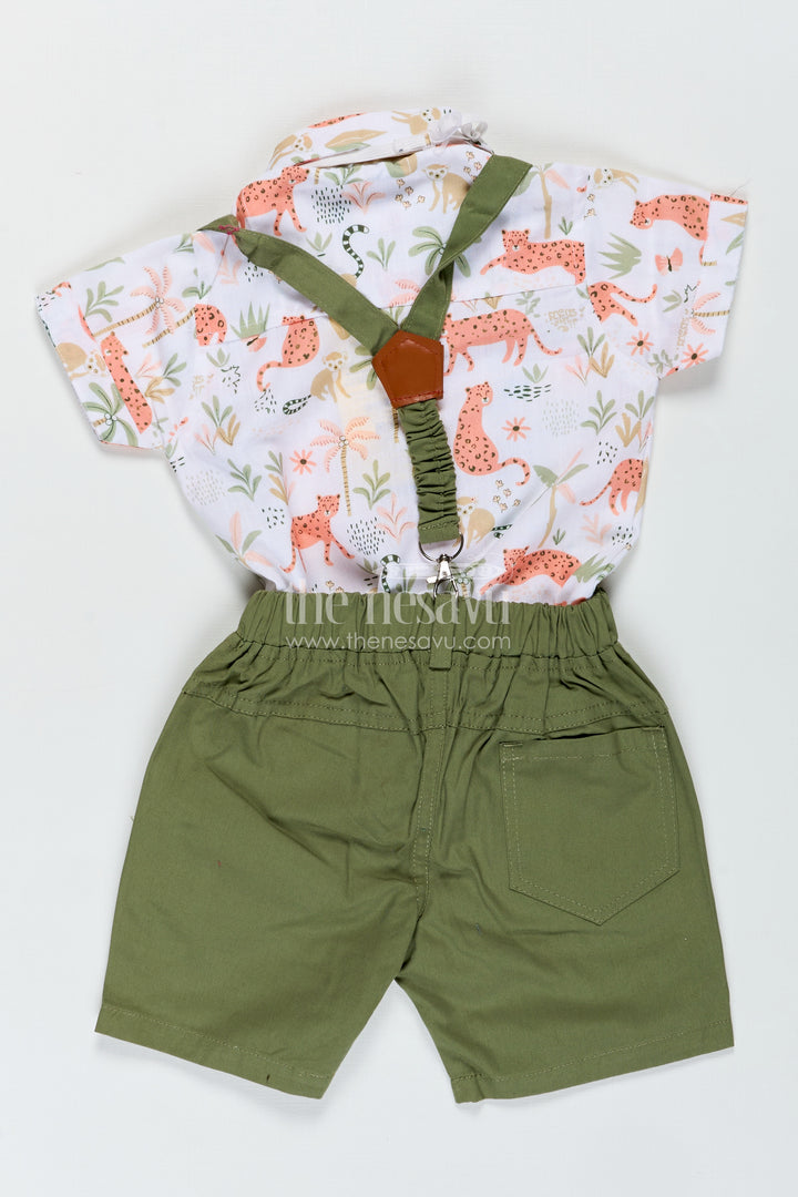 Animal Print Baby Boy Shirt with Olive Green Shorts and Matching Bow Tie for Smart Daywear