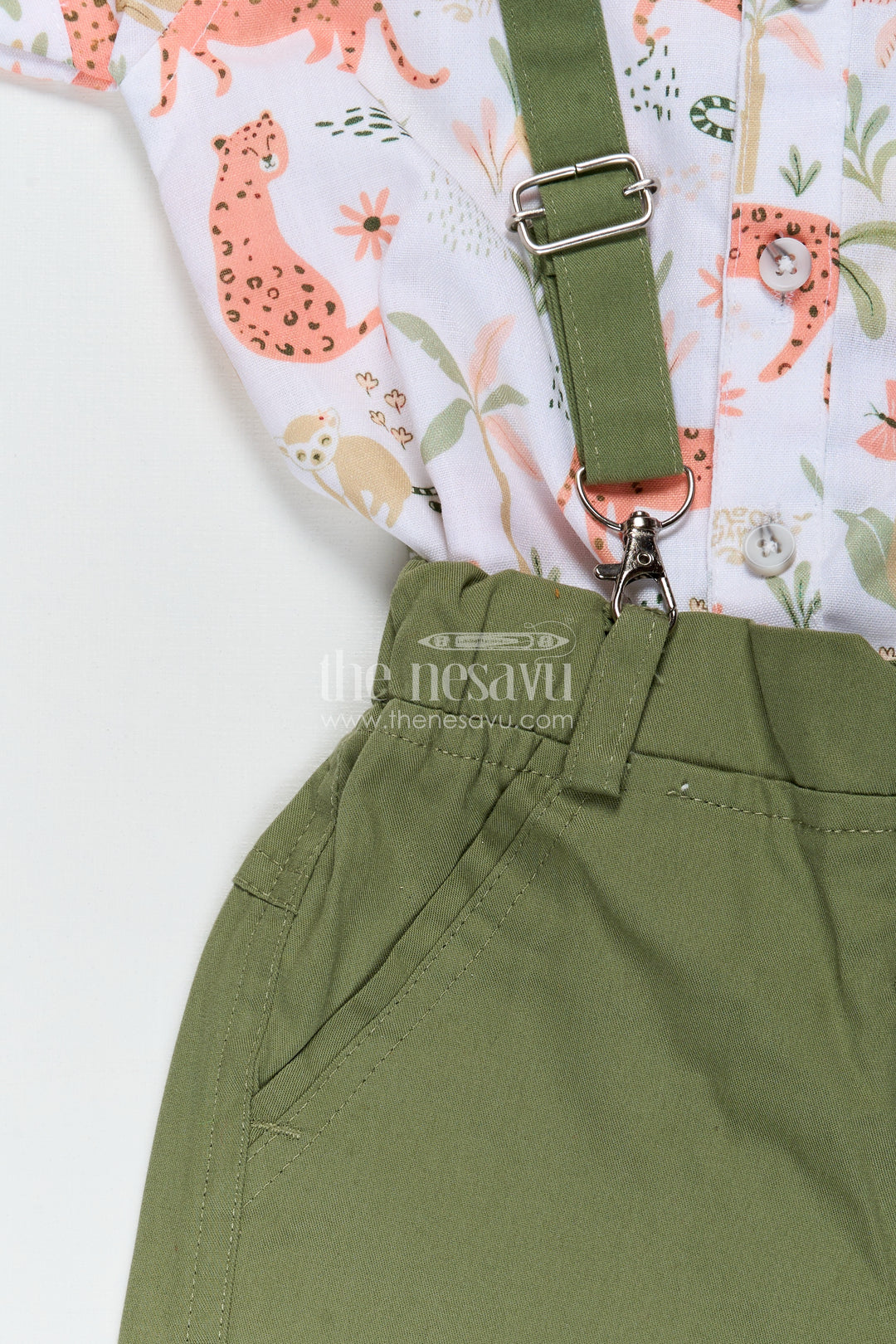 Animal Print Baby Boy Shirt with Olive Green Shorts and Matching Bow Tie for Smart Daywear