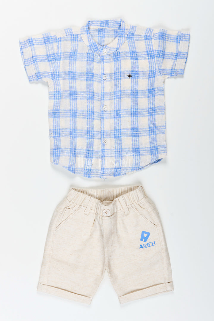 Boys blue cotton checks shirt and shorts set for casual wear