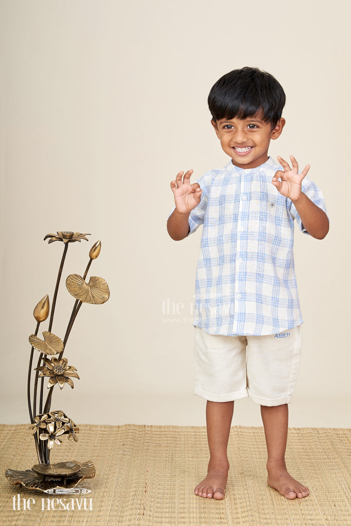 Boys blue cotton checks shirt and shorts set for casual wear